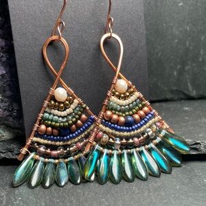 RESERVED Handcrafted Hammered Copper Bohemian Multicolor Beaded Earrings